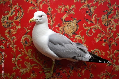 A single seagull poses against a red and gold wallpaper photo