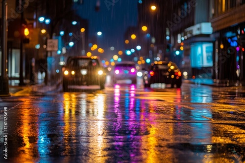 Wet city streets shimmer with reflections of colorful lights as cars navigate through the rain at night. Generative AI