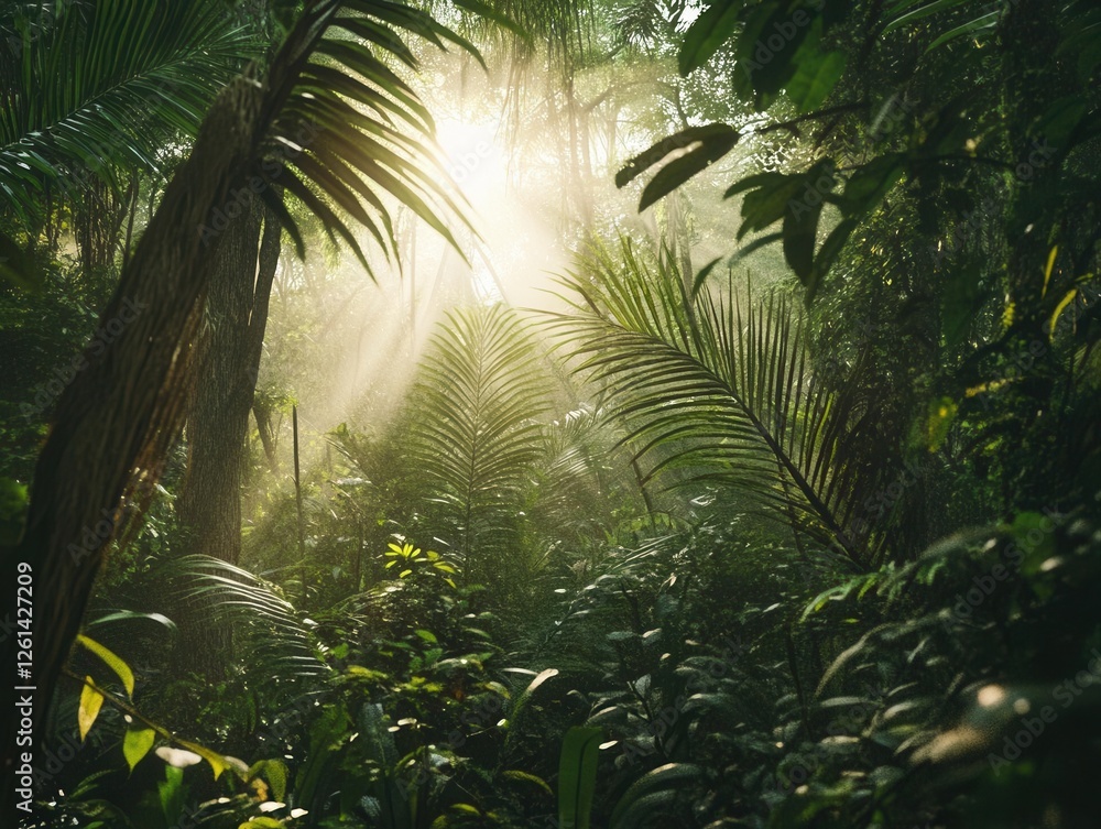 Naklejka premium Sunlight Streaming Through Forest Trees for Serene Nature Photography