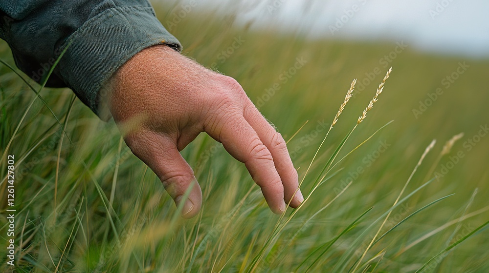 Hand touches tall grass, field background, nature study, environmental research