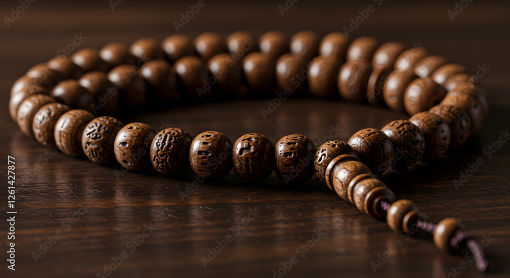Closeup of dark brown wooden prayer beads on dark wood surface detailed intricate carvings spiritual meditation practice on transparent background zen Closeup of dark brown wooden prayer beads on dark wood surface detailed intricate carvings spiritual meditation practice on transparent background zen