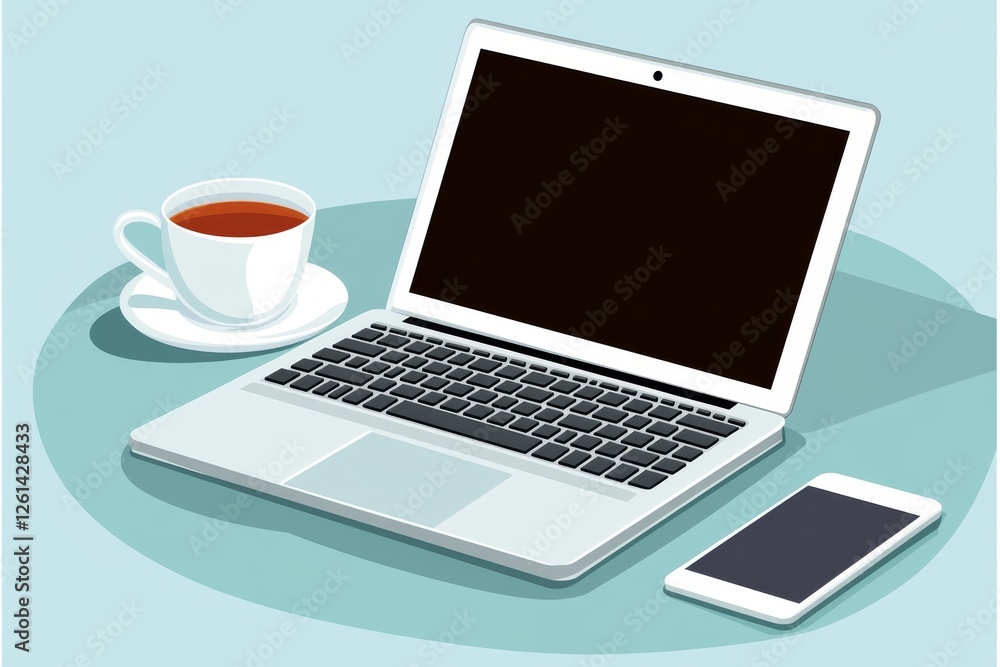 A stylish workspace displays a laptop, smartphone, and a cup of steaming tea on a smooth surface, creating a tranquil atmosphere. Generative AI A stylish workspace displays a laptop, smartphone, and a cup of steaming tea on a smooth surface, creating a tranquil atmosphere. Generative AI