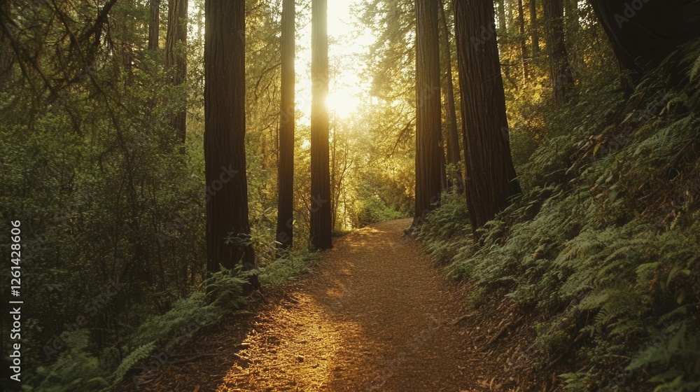 Fototapeta premium Tranquil Forest Path Surrounded by Majestic Trees at Golden Hour