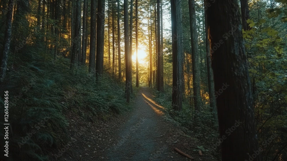 Fototapeta premium Tranquil Forest Path Surrounded by Majestic Trees at Golden Hour