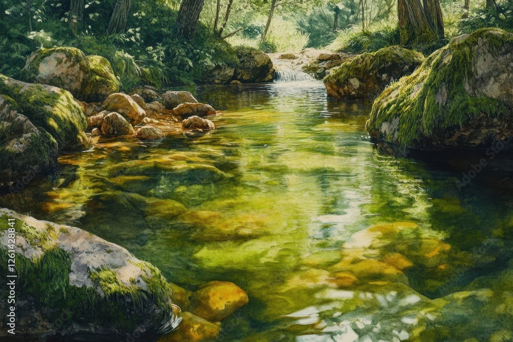 Fototapeta premium Tranquil Stream Flowing Through Lush Green Forest Under Soft Natural Light