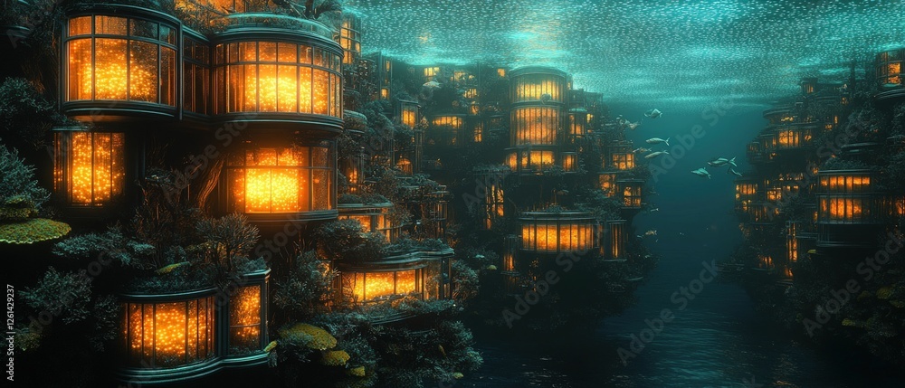 Obraz premium Submerged city glows warmly, aquatic life abounds.