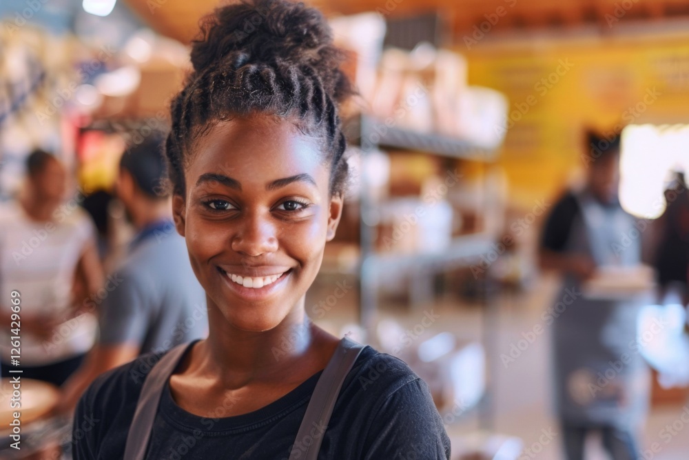 Fototapeta premium Young African American female volunteer at community center