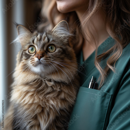 Adorable Maine Coon cat with fluffy tabby fur and whiskers as a domestic companion pet photo