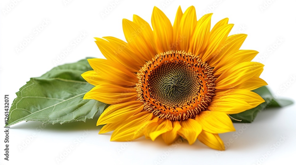 Fototapeta premium Bright yellow sunflower with green leaves isolated on a white background cheerful and fresh design