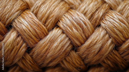 Detailed macro shot of a thick, woven rope, showcasing its texture and intricate interlaced pattern. photo