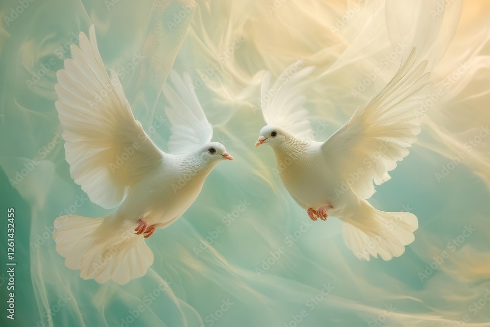 Obraz premium White Doves Flying Gracefully Against a Soft Sky Background