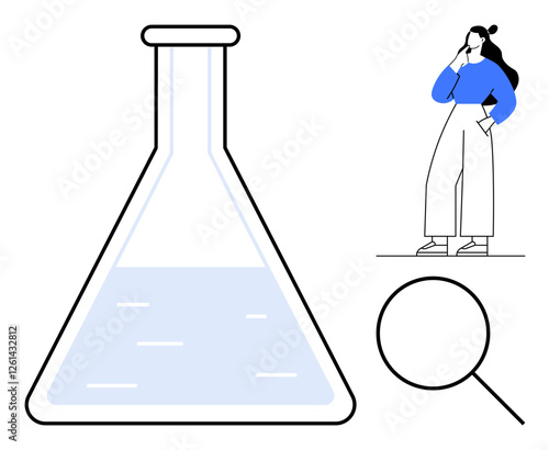 Woman pondering, large beaker with liquid, magnifying glass. Ideal for science, research, analysis, education, curiosity problem-solving innovation. Clean lines and minimalist style create abstract