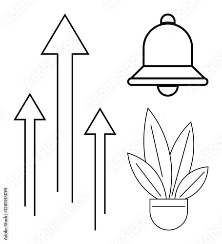 Upward arrows indicating progress, a bell symbolizing alerts and attention, and a potted plant for growth. Ideal for success, motivation, alerts, progress, achievement growth development. Black