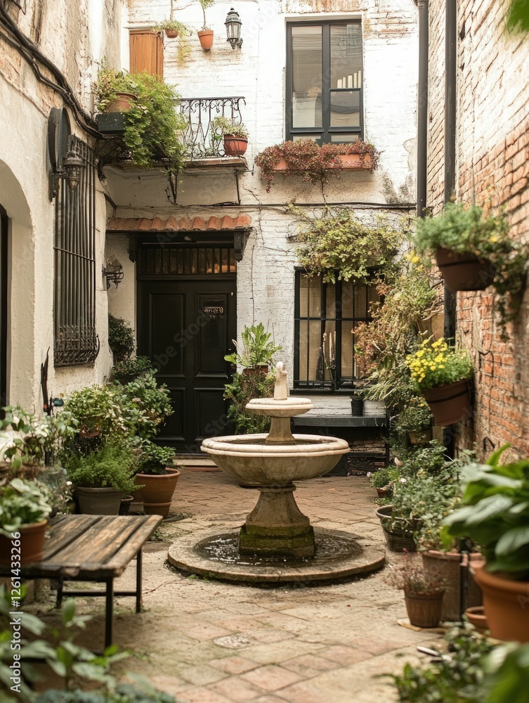 Serene courtyard fountain, lush greenery, aged stone. Serene courtyard fountain, lush greenery, aged stone.