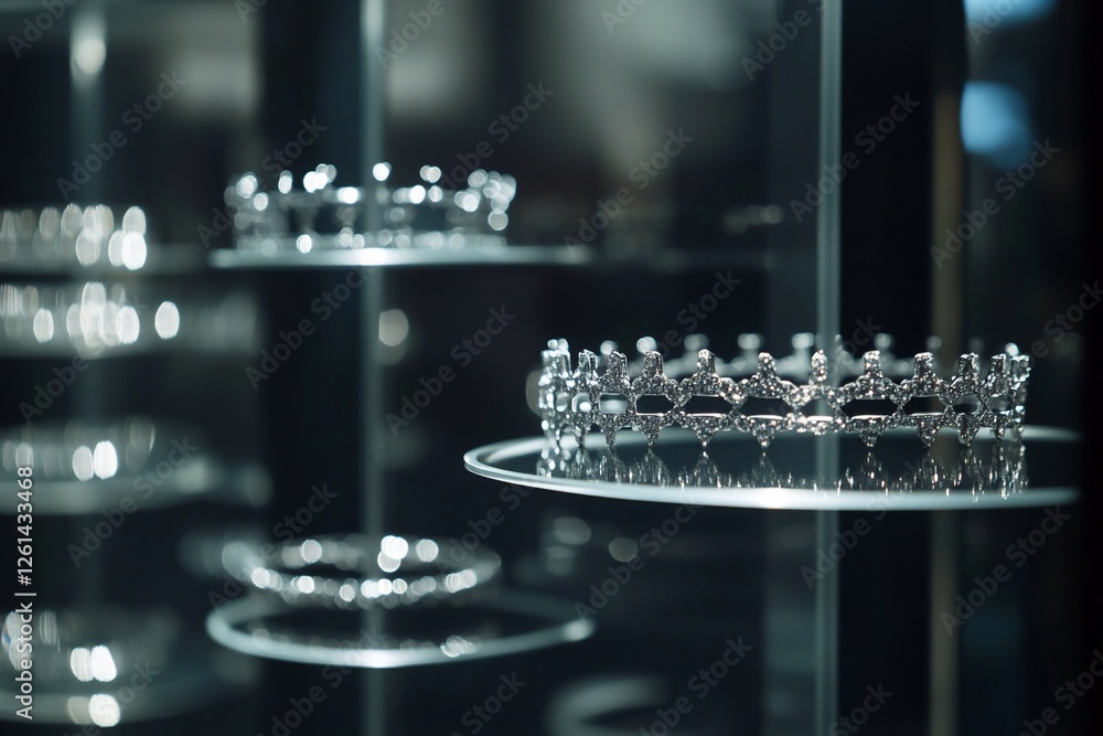 Sparkling diamond crowns displayed on glass shelves in a dark showcase. Sparkling diamond crowns displayed on glass shelves in a dark showcase.