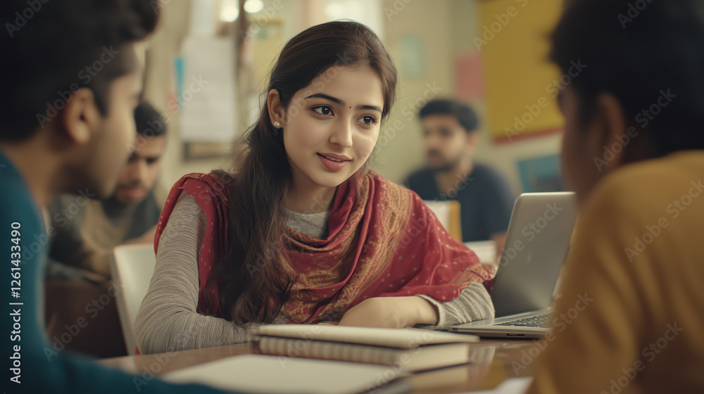 Indian Student in a Multicultural Study Group with Classmates of Different Ethnicities Engaged in Discussion, Surrounded by Notebooks and Laptops Indian Student in a Multicultural Study Group with Classmates of Different Ethnicities Engaged in Discussion, Surrounded by Notebooks and Laptops