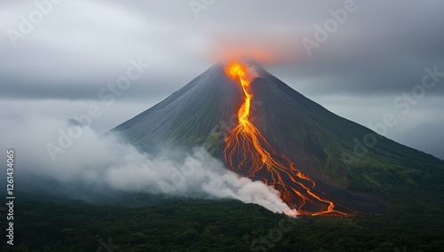 Erupting Volcano, Lava Flow, Volcanic Landscape, Cloudy Sky, Dramatic Nature Scene photo