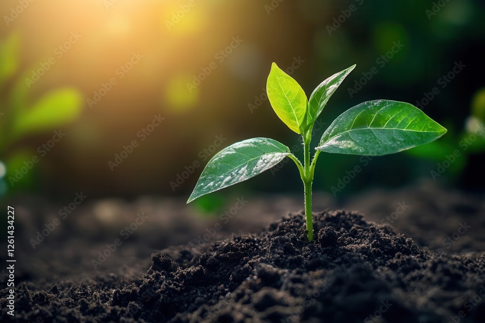 Fototapeta premium Young Plant Sprouting in Rich Soil Under Morning Sunlight