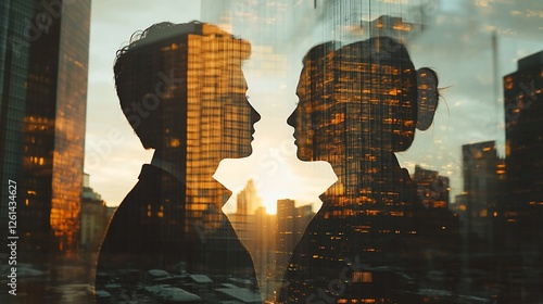 Silhouetted man and woman facing each other, cityscape reflected in glass.