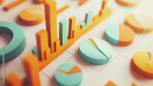 Colorful 3D charts and graphs on a white background showing business data analysis and statistics. photo