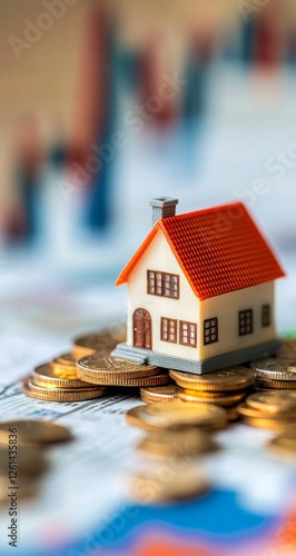 Miniature house on coins, financial charts in background, real estate investment photo