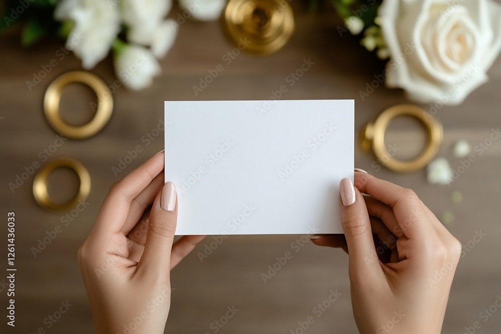 Obraz premium Woman's hands holding blank white card, surrounded by flowers and gold rings on wooden table.