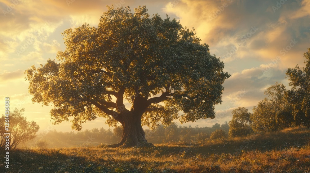Big Old Oak Tree Against Sunlight in Summer or Autumn Nature Background, Cinematic Landscape Photography Big Old Oak Tree Against Sunlight in Summer or Autumn Nature Background, Cinematic Landscape Photography