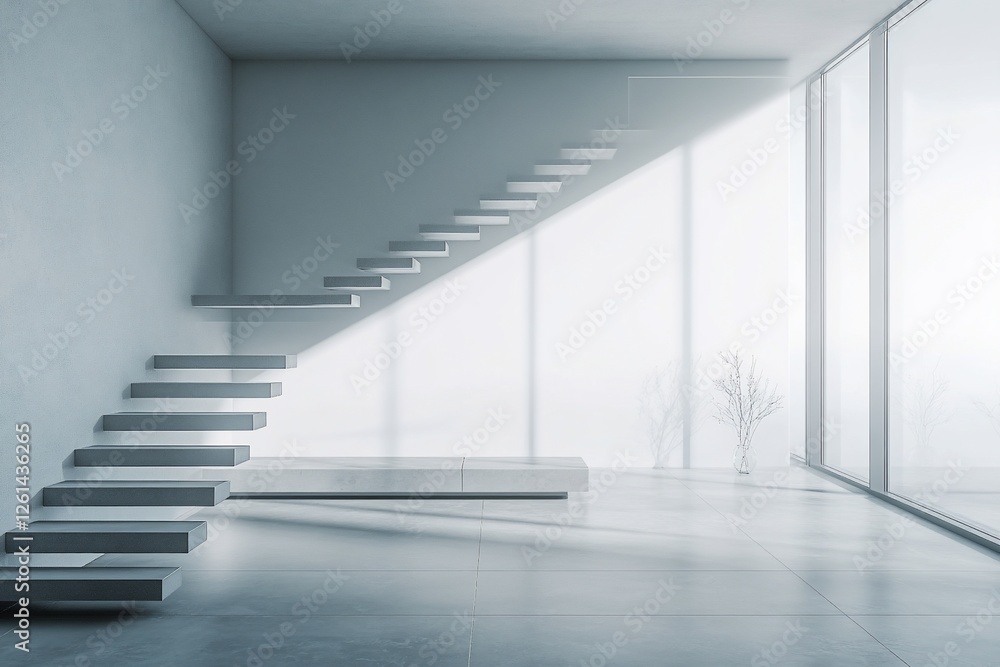 Modern minimalist interior with floating staircase, sunlight streaming through large window. Modern minimalist interior with floating staircase, sunlight streaming through large window.