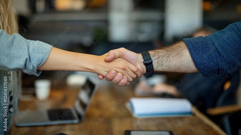 Close-up of a handshake between two businesspeople at a meeting table. Close-up of a handshake between two businesspeople at a meeting table.