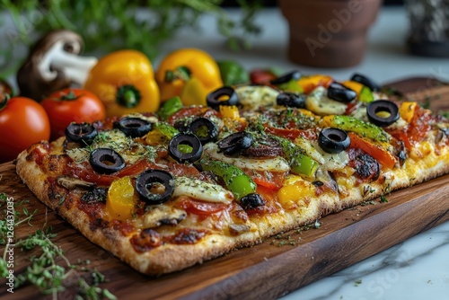 Colorful pizza on wooden board with vegetables, restaurant setting photo