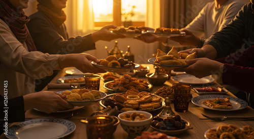 Warm golden sunset light illuminates a festive family gathering sharing delicious traditional middle eastern sweets and on transparent background eid