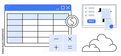 Spreadsheet window, calculator with math symbols, receipt with payment button, and cloud icon. Ideal for finance, budgeting, accounting, bill payment, expense tracking digital finance online