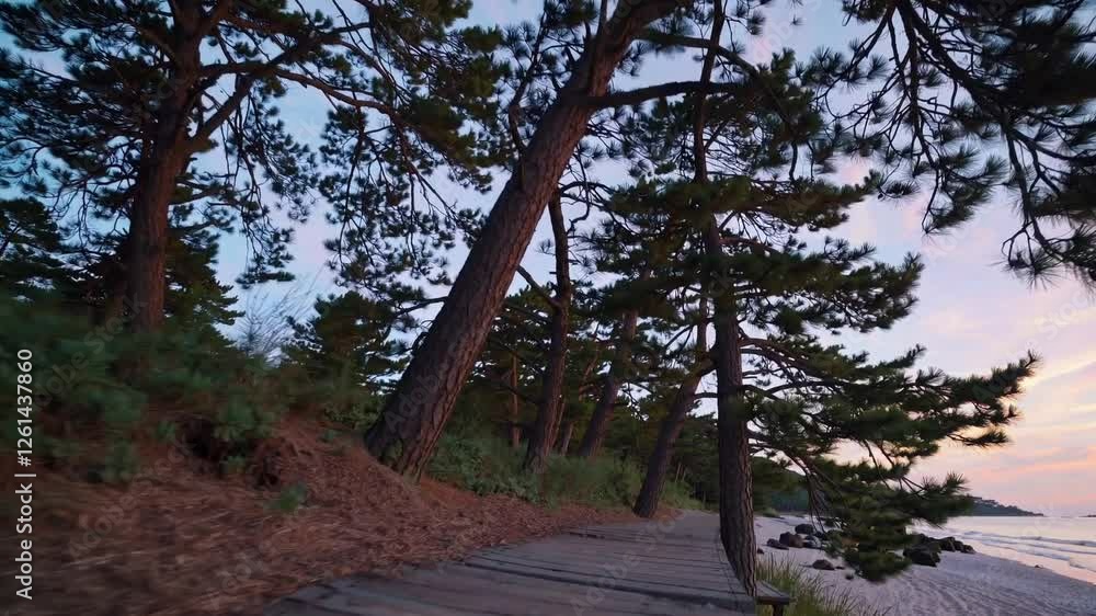 Slow Motion Shot of a Serene Beach Scene with a Wooden Pathway Leading to the Shoreline – Tall Pine Trees Surrounding the Path, Gentle Breeze Swaying Branches, Tranquil Coastal Atmosphere, Soft 