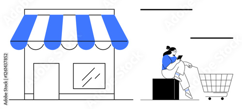 Storefront with blue awning, customer using smartphone, shopping cart. Ideal for e-commerce, retail, online shopping, digital marketing, consumer behavior, technology usage business growth