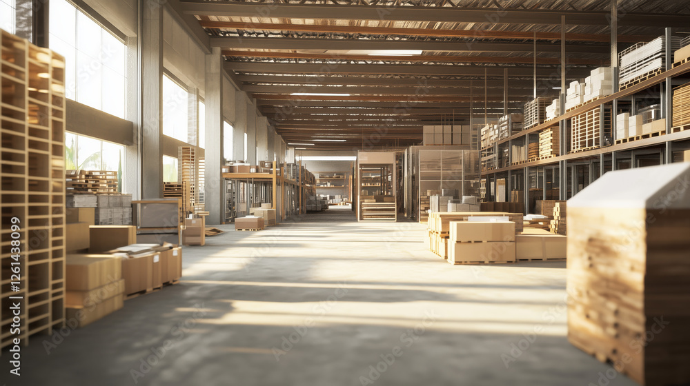 Spacious Warehouse Interior with Blurred Aisles and Large Boxes Containing Construction Materials, Wood Products, and Furniture Inventory in an Organized Industrial Storage Setting Spacious Warehouse Interior with Blurred Aisles and Large Boxes Containing Construction Materials, Wood Products, and Furniture Inventory in an Organized Industrial Storage Setting