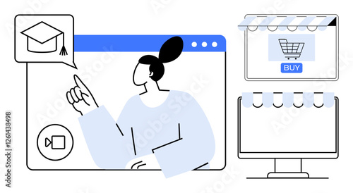 Person interacting with a digital interface containing educational content and an online shopping tab. Ideal for e-learning, online shopping, digital integration, modern education, internet commerce