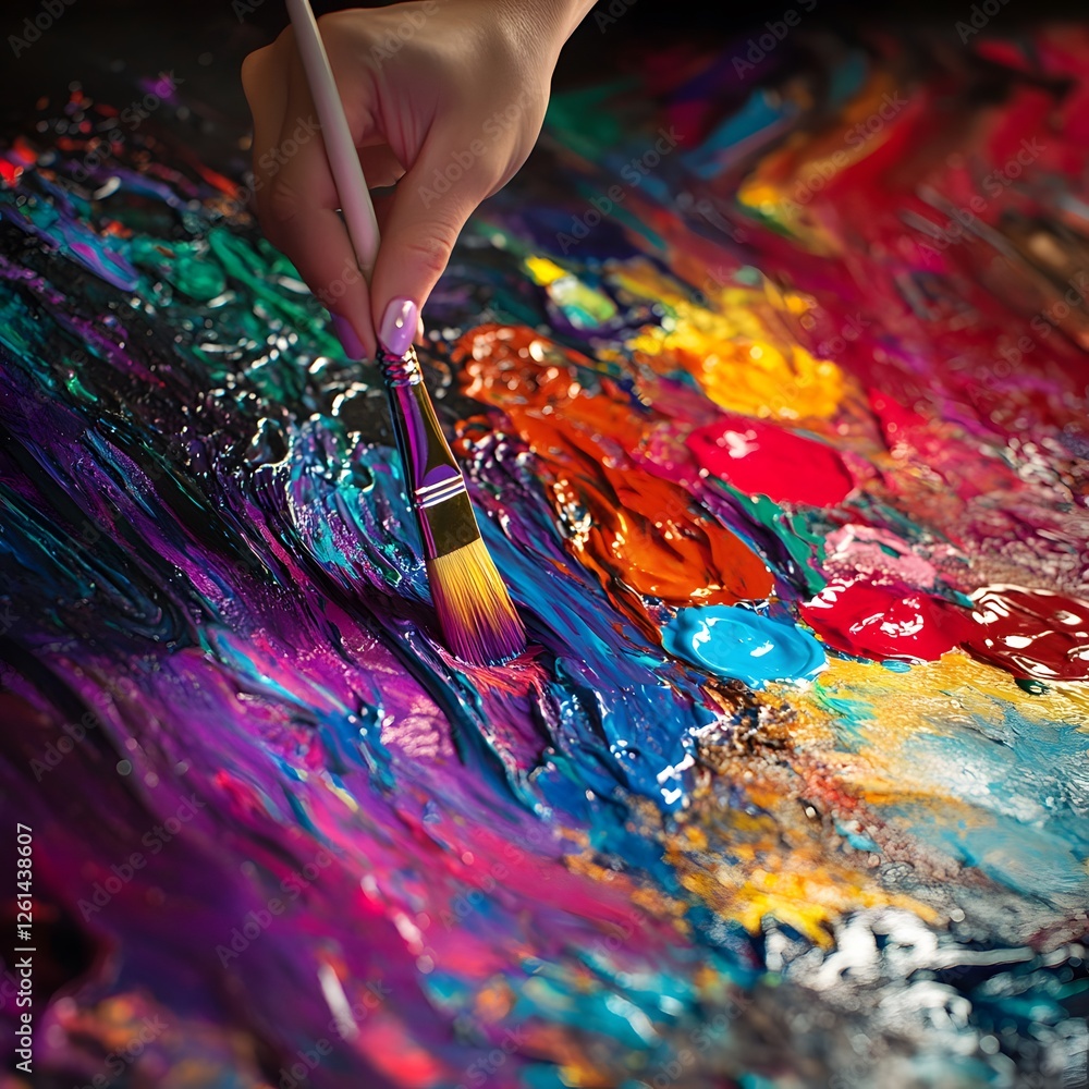 Fototapeta premium Vibrant Abstract Painting Process with Brush and Colorful Swirls