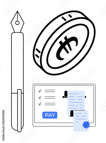 Pen, coin with currency symbol, and mobile screen with receipt and pay button. Ideal for e-commerce, online payments, digital transactions, e-receipts, financial technology, online services abstract