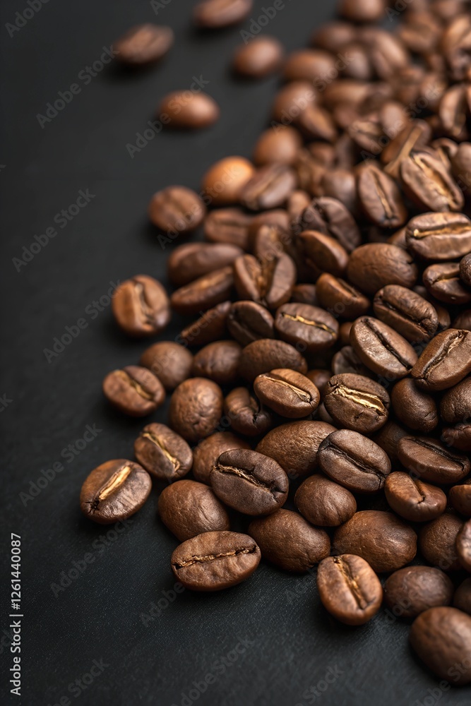 Naklejka premium Close-Up of Coffee Beans on Black Background, Showcasing Texture and Shine