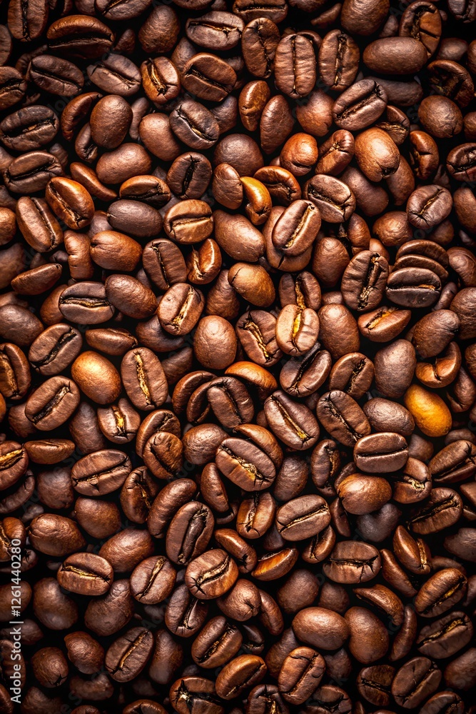 Fototapeta premium Close-Up of Coffee Beans on Black Background, Showcasing Texture and Shine