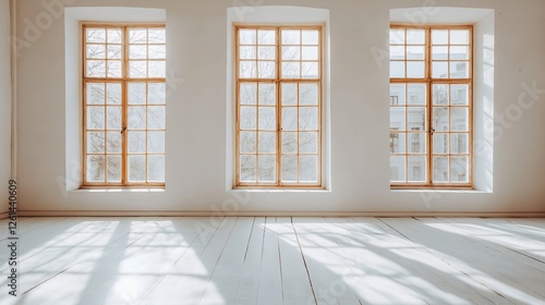 Wallpaper Mural Sunlight streams through three large windows in an empty room with white walls and wooden floors. Torontodigital.ca