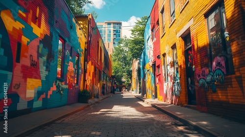 Vibrant urban alleyway adorned with expressive graffiti art and colorful hues