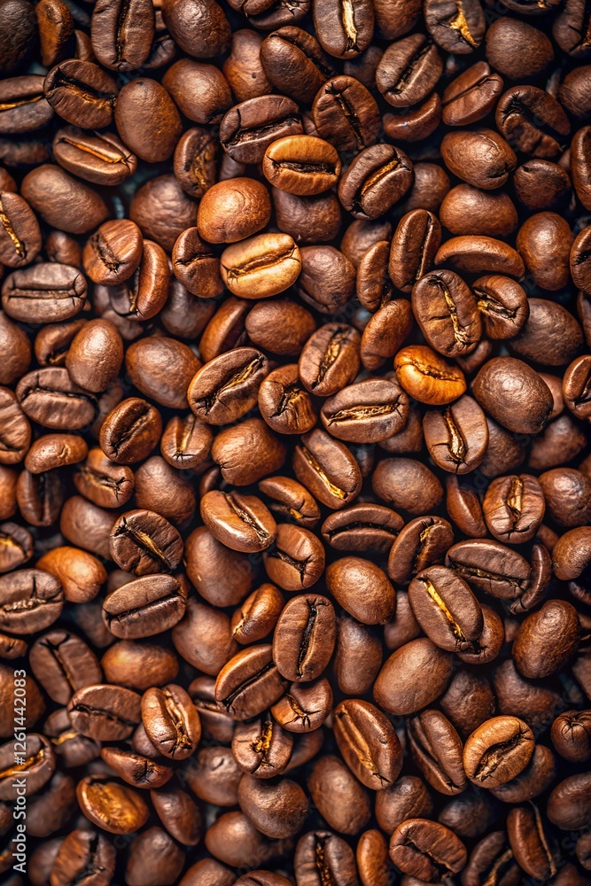 Naklejka premium Close-Up of Coffee Beans on Black Background, Showcasing Texture and Shine