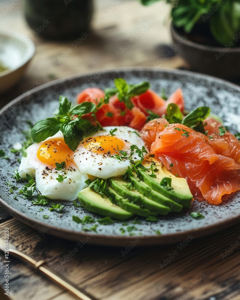 Healthy Keto Breakfast Plate Featuring Eggs Salmon Avocado Restaurant Style Serving Healthy Keto Breakfast Plate Featuring Eggs Salmon Avocado Restaurant Style Serving