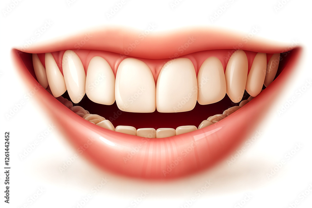 Vivid 3D illustration of a smiling mouth with perfect white teeth and pink lips on a white background. Ideal for dental clinics, toothpaste ads, oral hygiene content, and medical infographics. Vivid 3D illustration of a smiling mouth with perfect white teeth and pink lips on a white background. Ideal for dental clinics, toothpaste ads, oral hygiene content, and medical infographics.