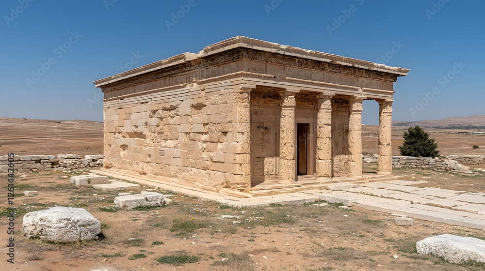 Fototapeta premium Ancient Stone Structure with Columns in Arid Landscape Under Blue Sky