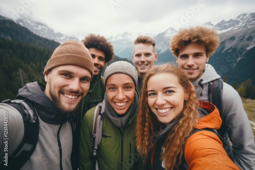 Group portrait of diverse hikers posing for picture in mountains