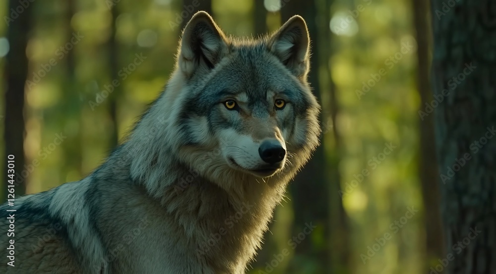 Majestic grey wolf with amber eyes stares intensely in a sunlit forest. Majestic grey wolf with amber eyes stares intensely in a sunlit forest.