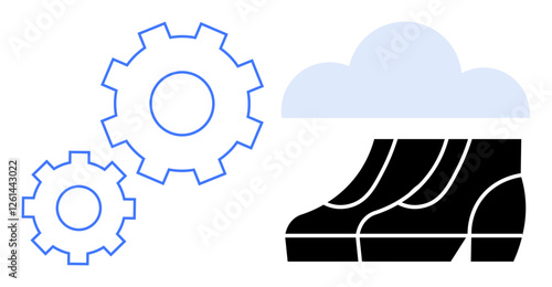 Gear cogs interacting with cloud icon and footprints. Ideal for workflow automation, cloud computing, process management, innovation, technical advancement, productivity, and technology integration