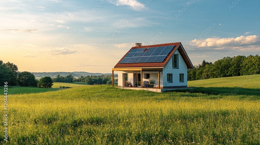 Sustainable living, House with solar panels in idyllic countryside setting